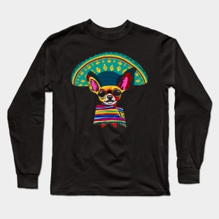 Colorful Mexican Chihuahua in Big Sombrero Vintage Drawing Long Sleeve T-Shirt